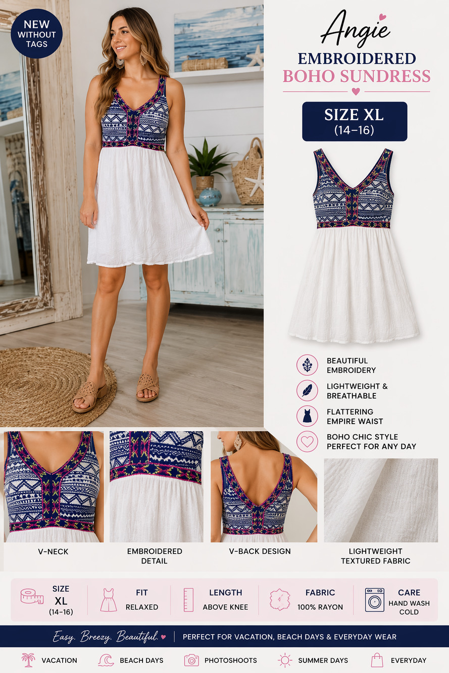 Angie XL White Sleeveless Sundress Embroidered Boho Festival Empire Waist